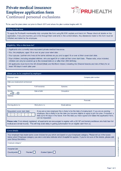 Private Medical Insurance Employee Application Form