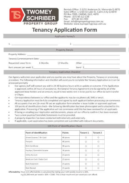 Tenant Identification Application Form