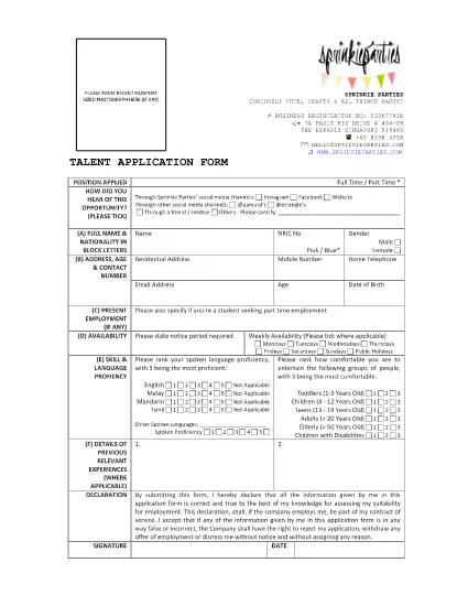 Talent Application Form Sample
