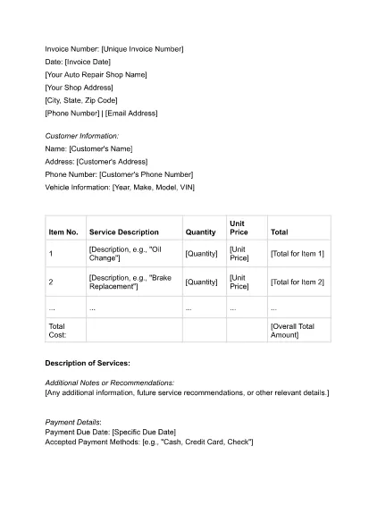 Auto Repair Invoice Template