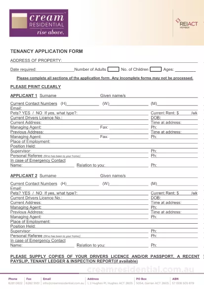 Tenancy Application Form for Residential