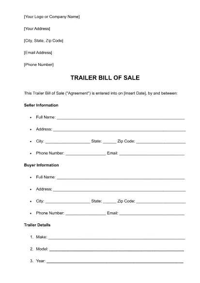 Trailer Bill of Sale PDF Template