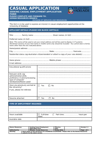 Casual Employment Application Form