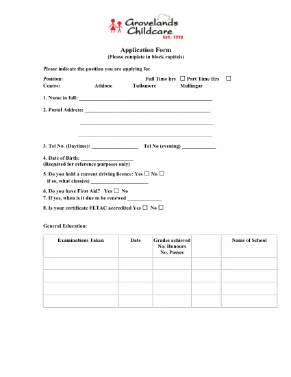 Child Care Employment Application Form