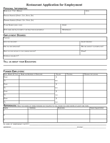 Restaurant Job Application Form