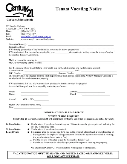 Tenant Vacating Notice Application Form