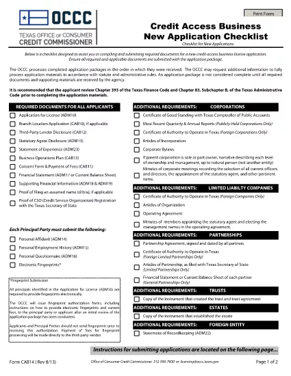 Credit Access Business New Application Checklist