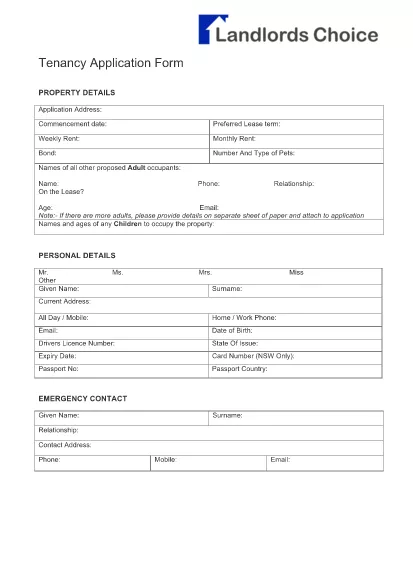 Landlord Tenancy Application Form Form Form