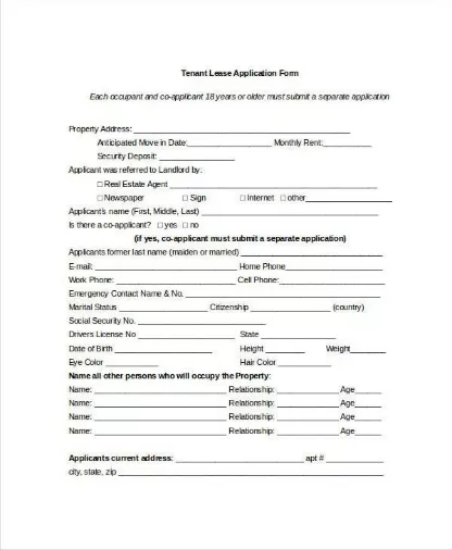 Tenant Leasing Application Form