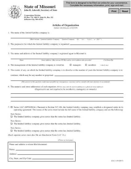State of Missouri Articles Of Organization Form