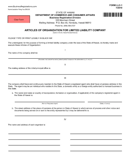 Hawaii Articles Of Organization Form