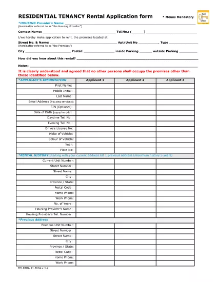 Residential Tenancy Rental Application Form
