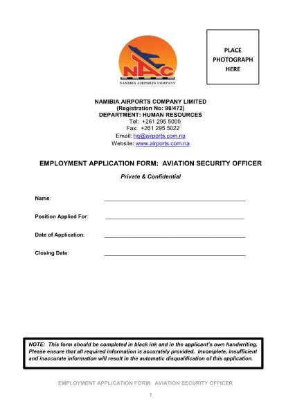 Aviation Security Officer Employment Application Form