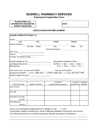 Pharmacy Services Employment Application Form