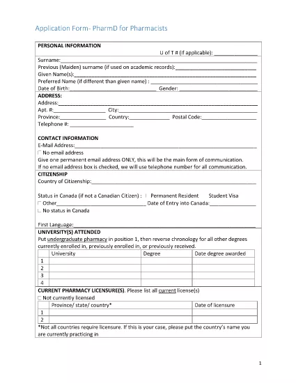 Application Form for PharmD for Pharmacists
