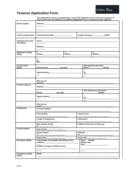Tenancy Application Form Template