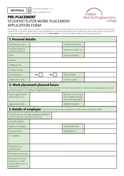Tutor Work Placement Application Form
