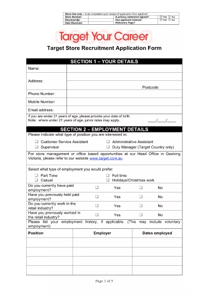 Retail Customer Service Job Application Form