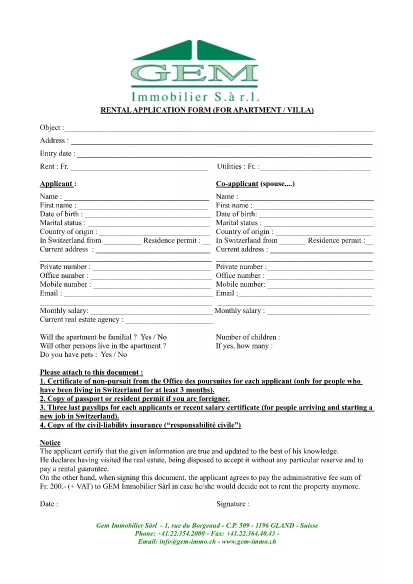 Apartment and Villa Rental Application Form
