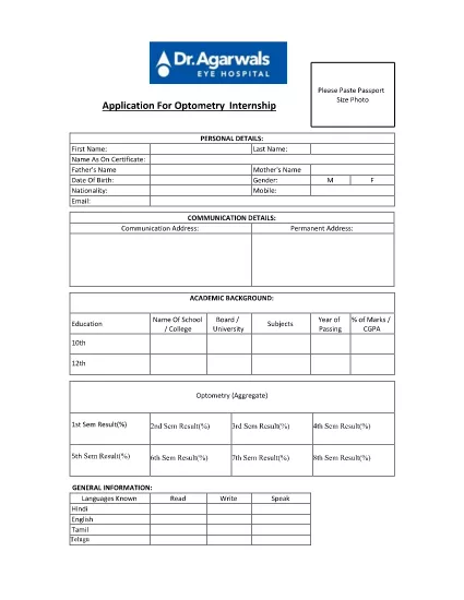 Optometry Internship Application Form