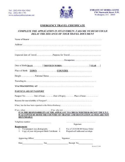 Certificate of Travel Application Form