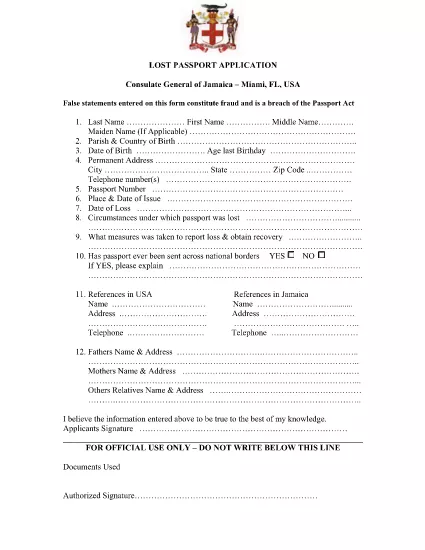 Lost Passport Application Form