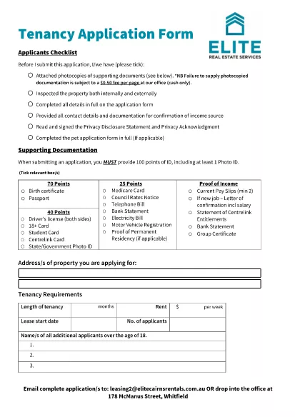 Real Estate Services Tenancy Application Form Form Form