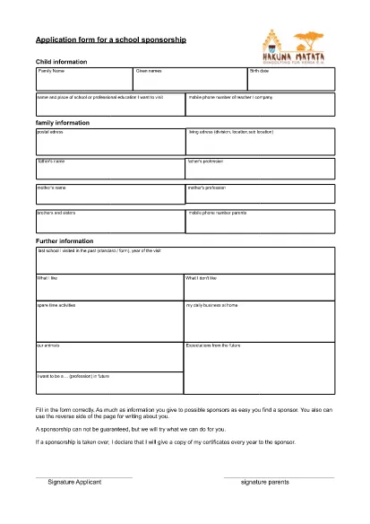 School Sponsorship Application Form